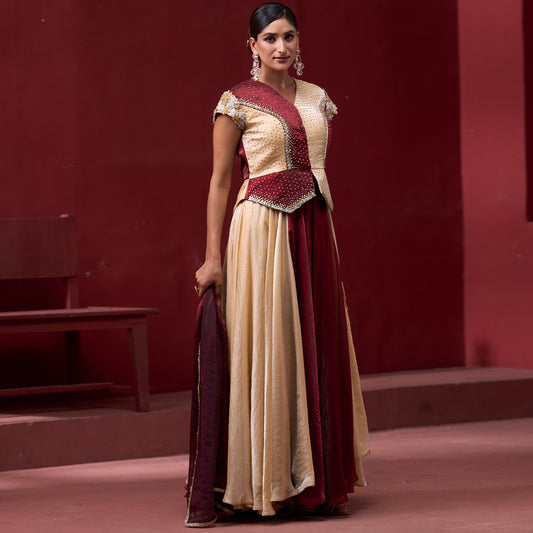 Drape Red & Cream Skirt with Embellished Top and Dupatta