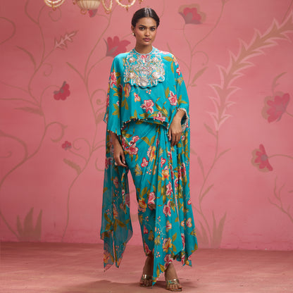 Bloom Story – Teal Garden Hand-Embroidered Cape Set