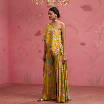 Bloom Story – Mustard One-Shoulder Hand-Embroidered Cape Top Set