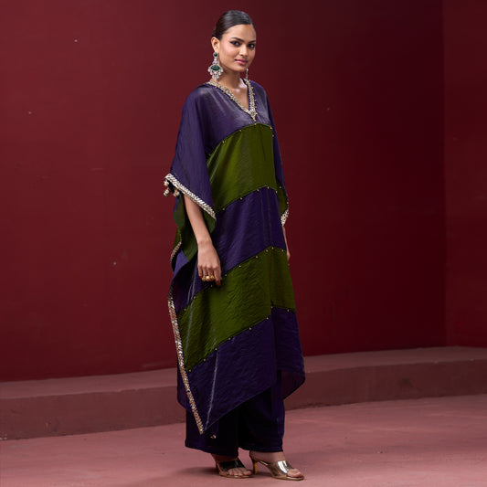 Embellished Purple & Green Neck Kaftan Set