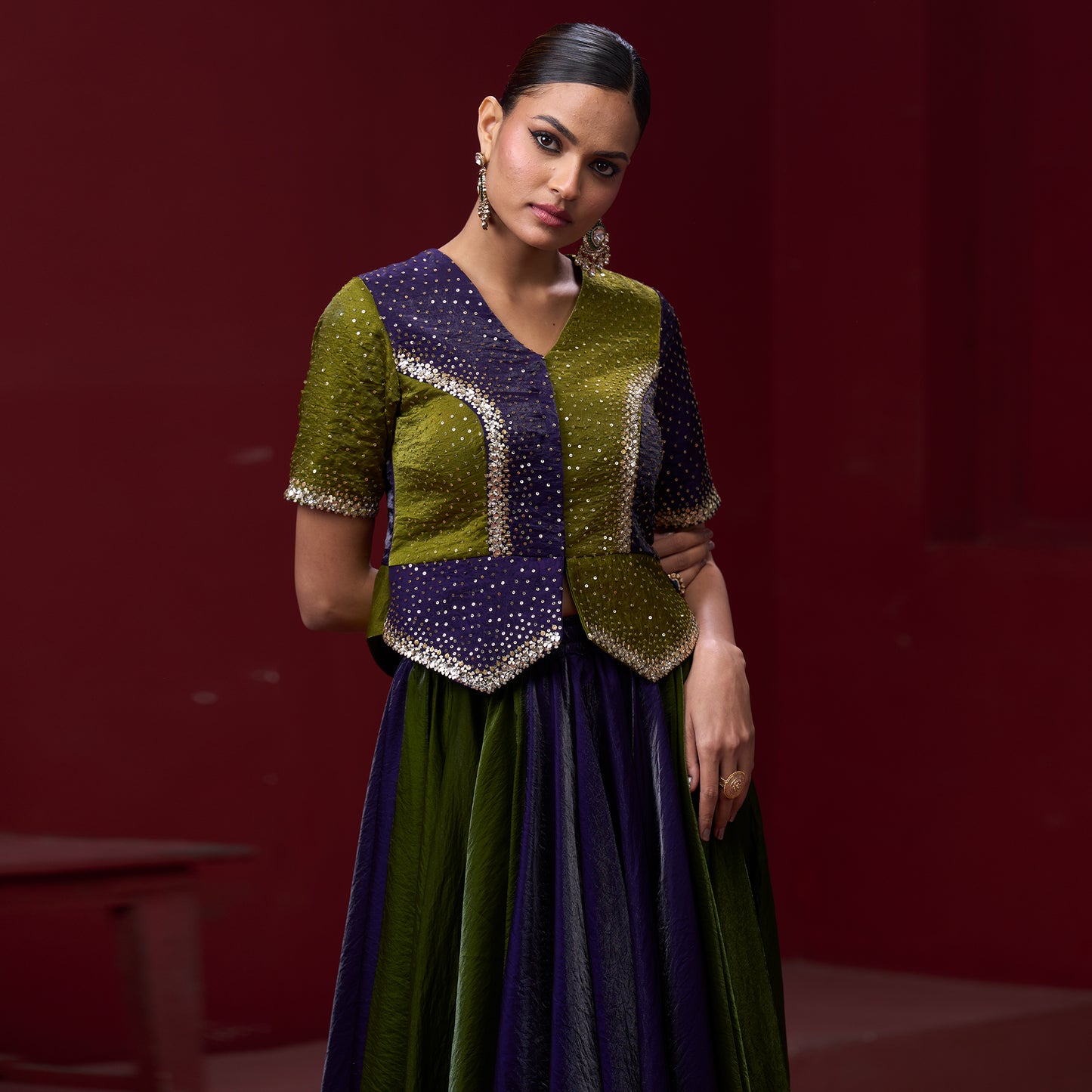 Embellished Purple & Green Top with Flare Skirt