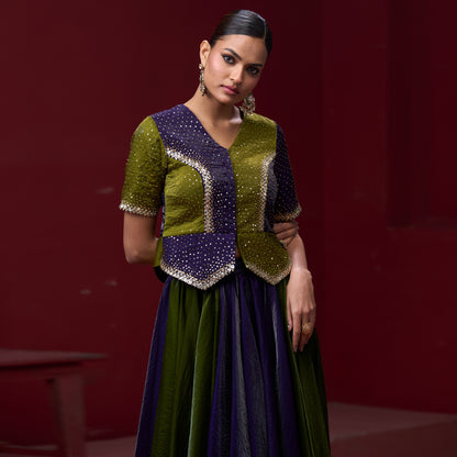 Embellished Purple & Green Top with Flare Skirt