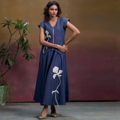 Indigo Petal Denim Waistcoat Top & Flare Skirt Set