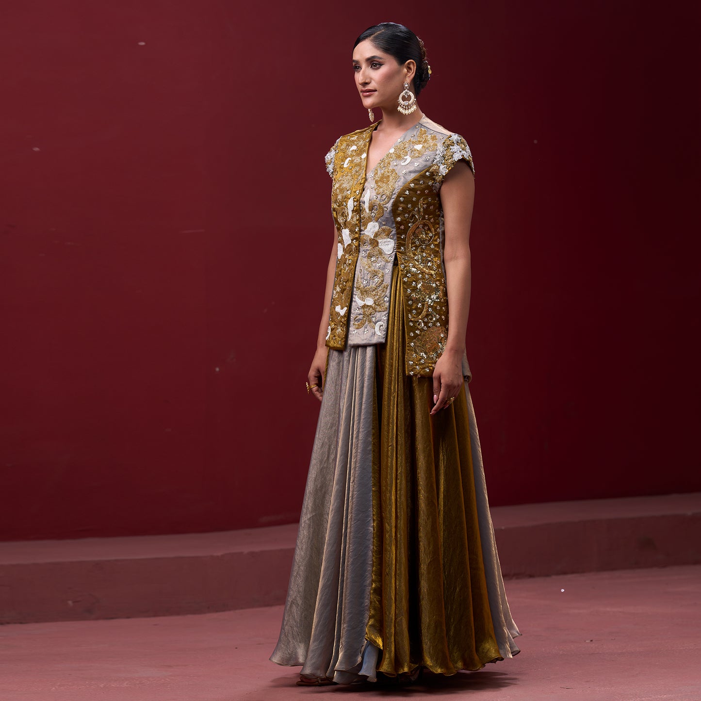 Flare Golden & Silver Skirt with Embellished Top