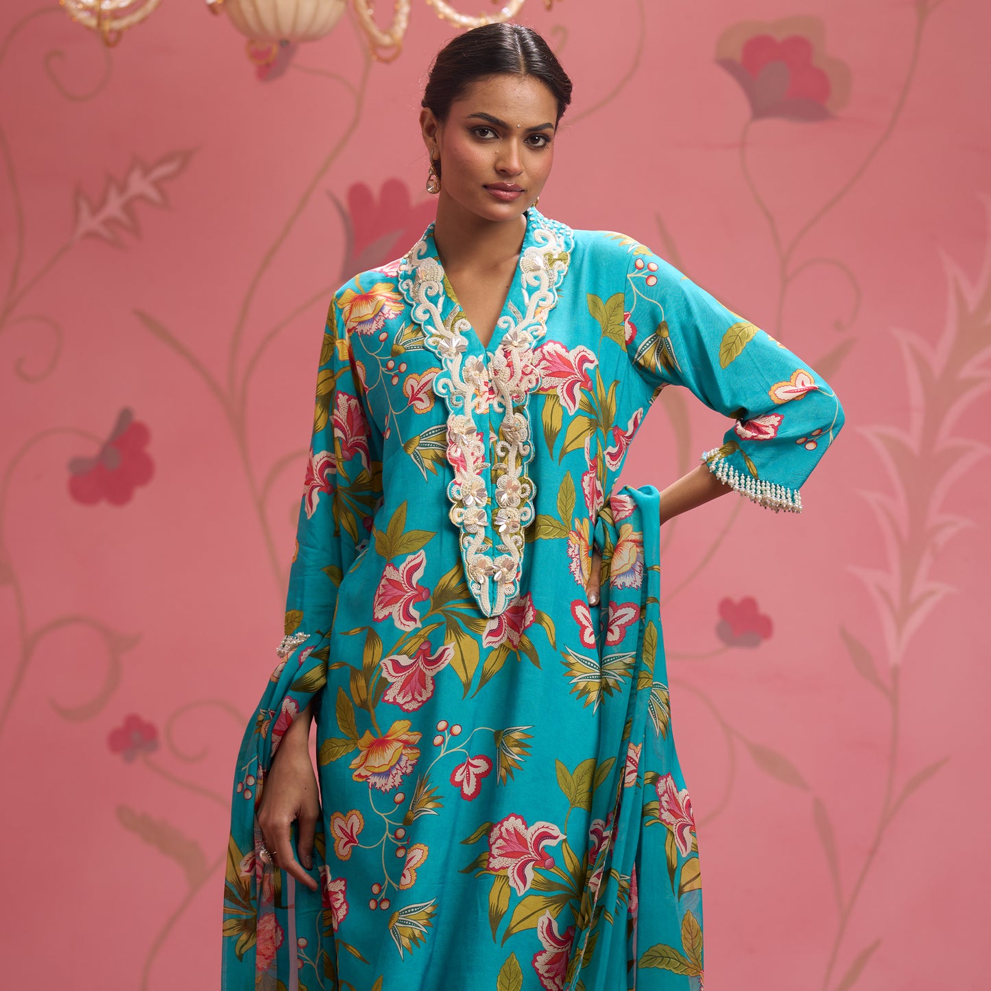 Bloom Story – Teal Blossom Hand-Embroidered Fusion Kurta Set