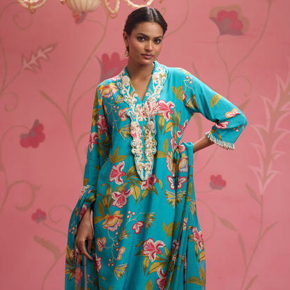 Bloom Story – Teal Blossom Hand-Embroidered Fusion Kurta Set
