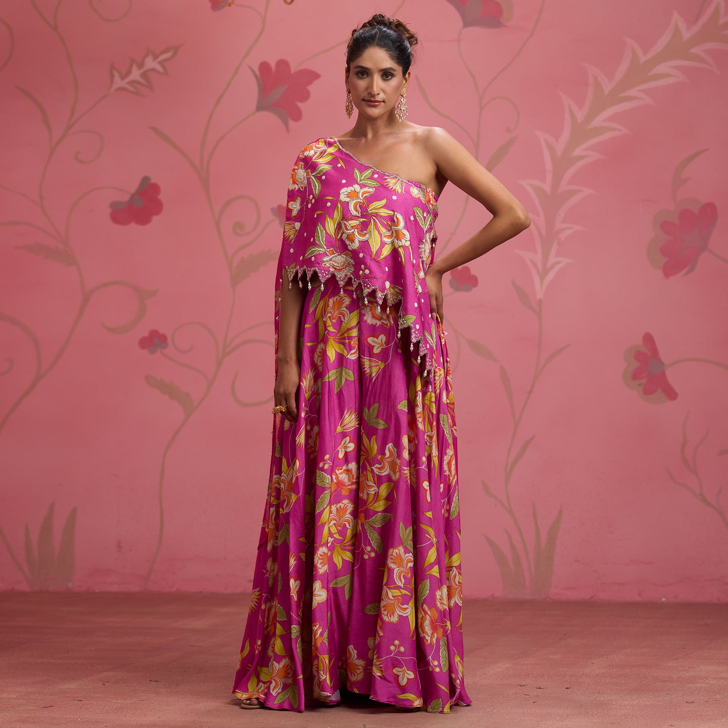 Bloom Story – Rose Pink One-Shoulder Hand-Embroidered Cape Top Set