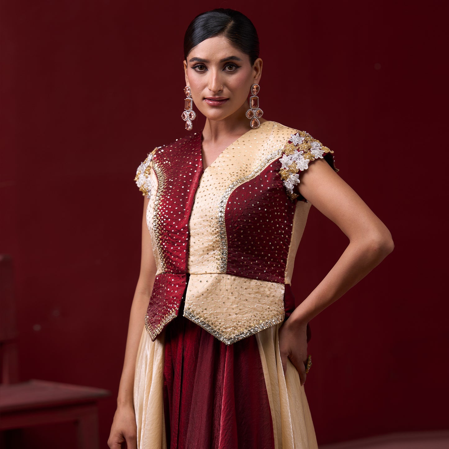 Drape Red & Cream Skirt with Embellished Top and Dupatta