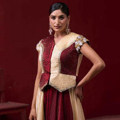 Drape Red & Cream Skirt with Embellished Top and Dupatta