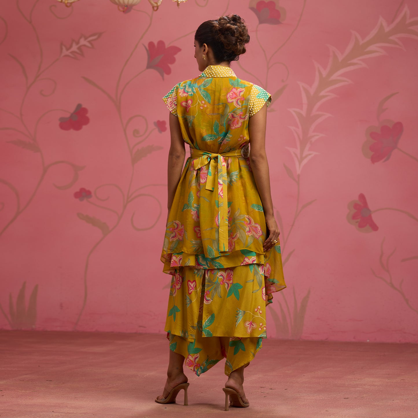 Bloom Story – Mustard Floral Indo-Western Layered Dress with Embroidered Waist Belt