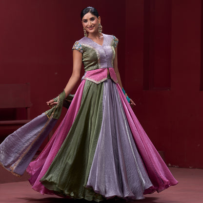 Drape Pink & Turquoise Skirt with Embellished Top and Dupatta