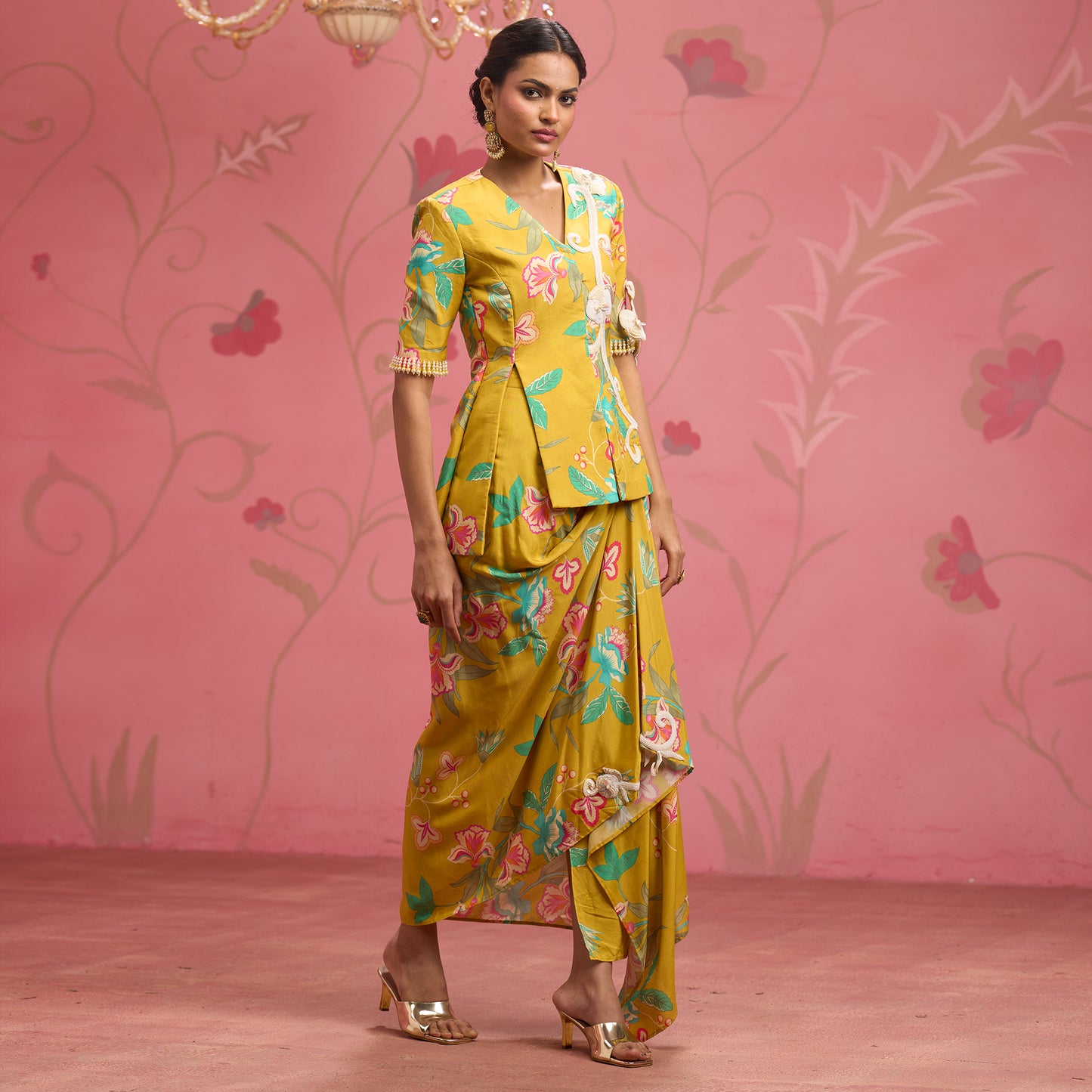 Bloom Story – Mustard Floral Hand-Embroidered Draped Fusion Set