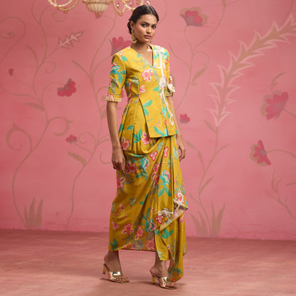 Bloom Story – Mustard Floral Hand-Embroidered Draped Fusion Set