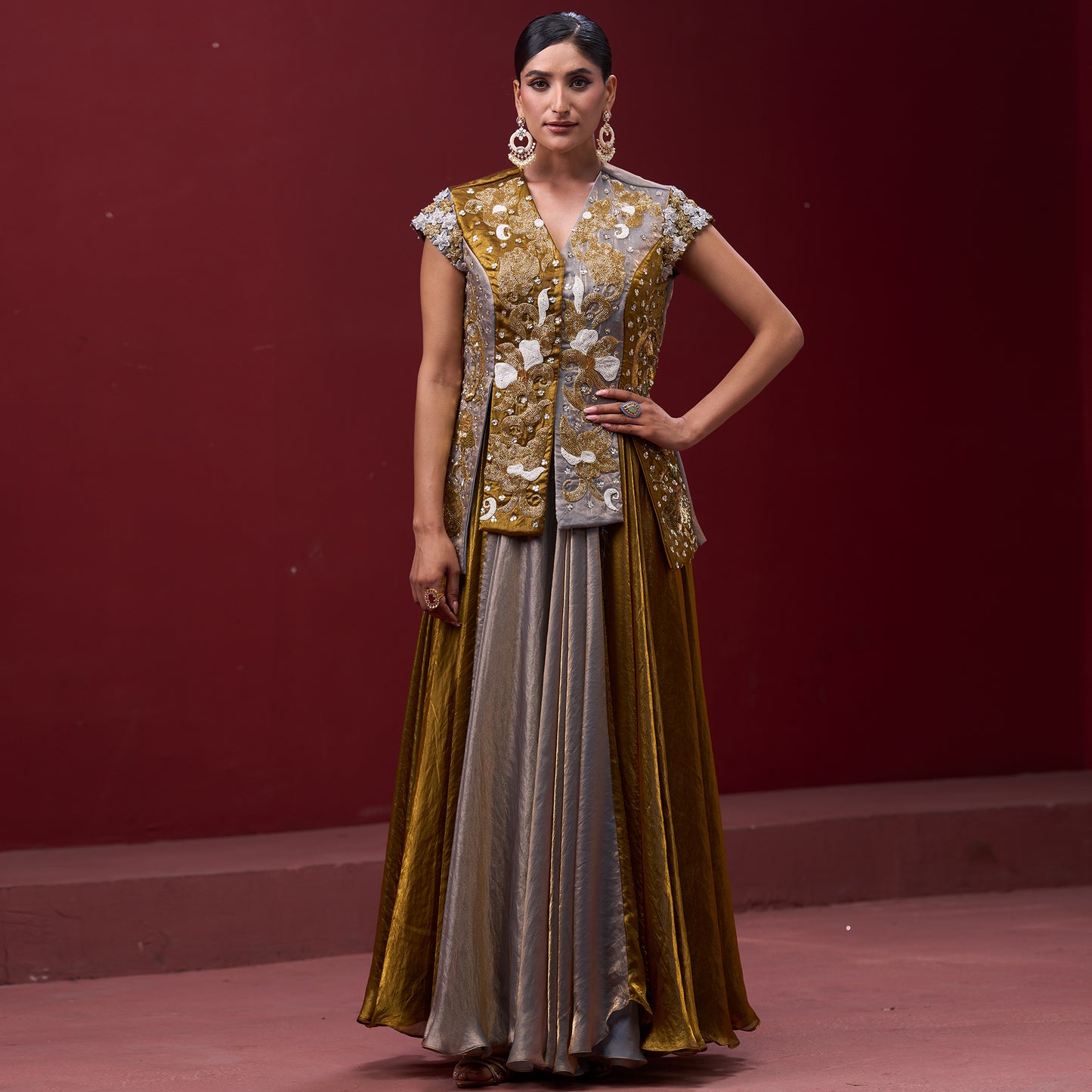 Flare Golden & Silver Skirt with Embellished Top