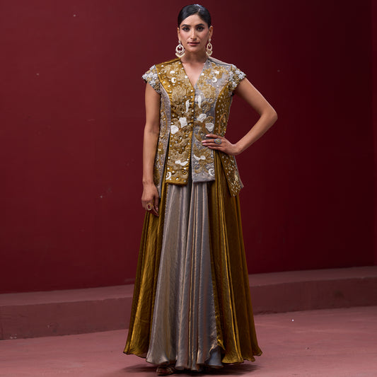 Flare Golden & Silver Skirt with Embellished Top