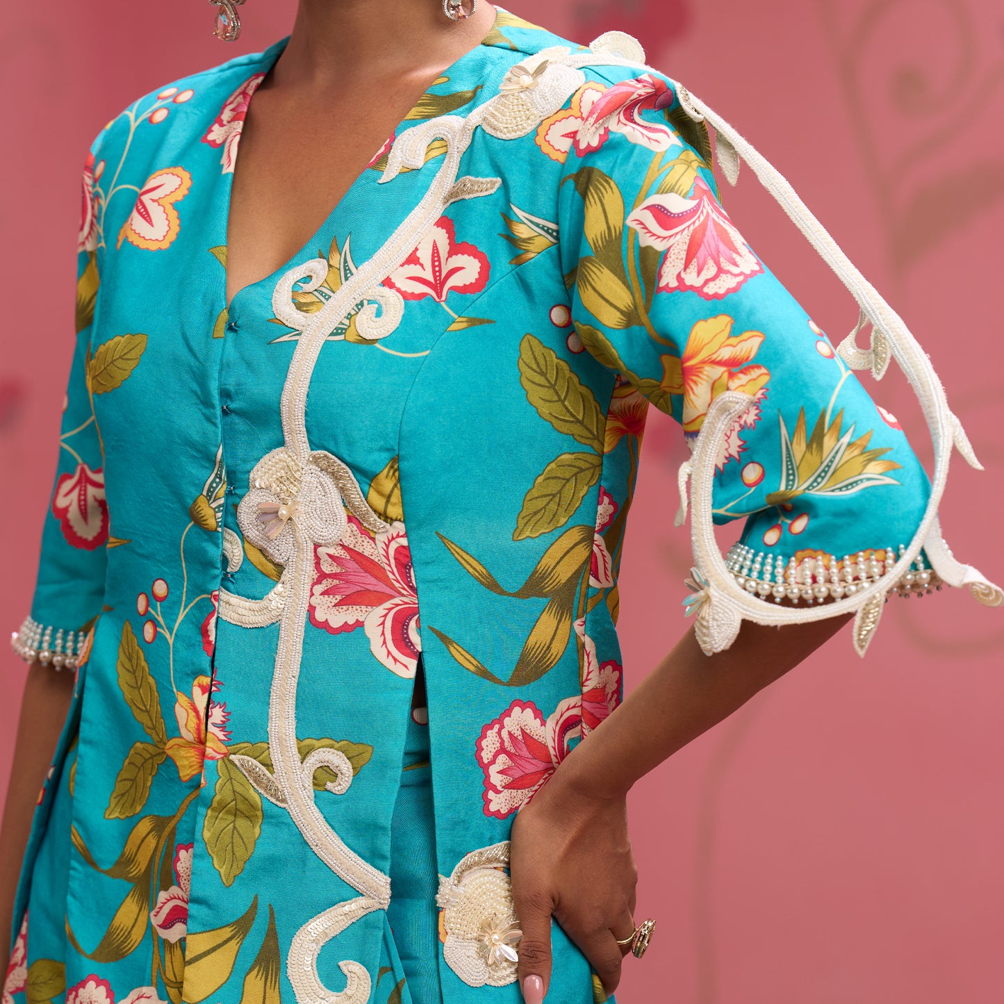 Bloom Story – Teal Hand-Embroidered Draped Fusion Set