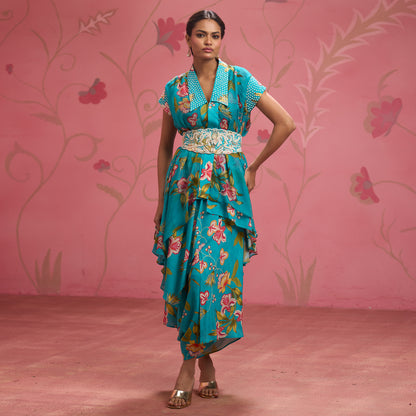 Bloom Story – Teal Floral Indo-Western Layered Dress with Embroidered Waist Belt