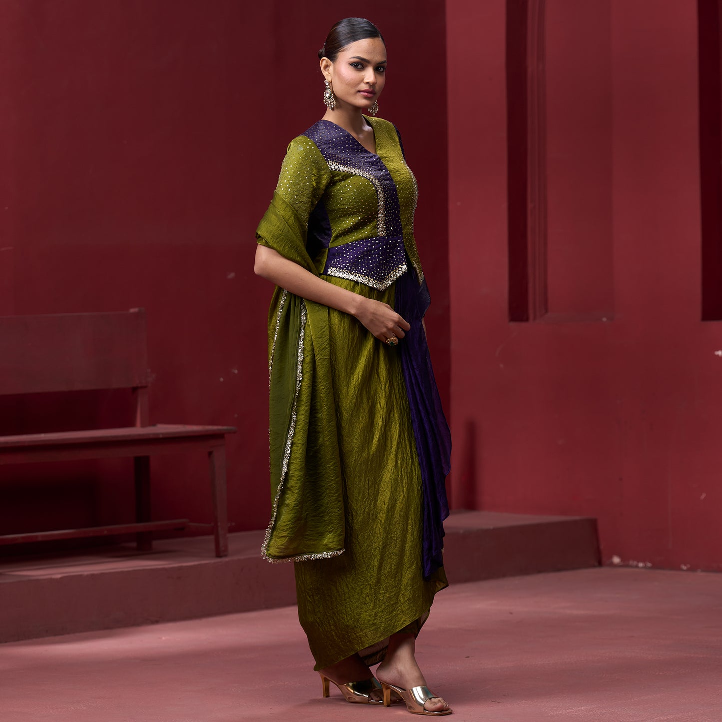Drape Purple & Green Skirt with Embellished Top and Dupatta