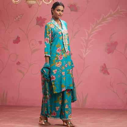 Bloom Story – Teal Blossom Hand-Embroidered Fusion Kurta Set