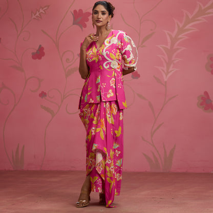 Bloom Story – Rose Pink Hand-Embroidered Draped Fusion Set