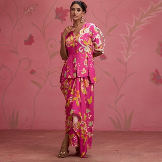 Bloom Story – Rose Pink Hand-Embroidered Draped Fusion Set