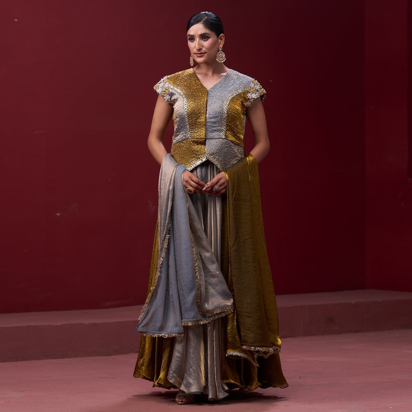 Drape Golden & Silver Skirt with Embellished Top and Dupatta