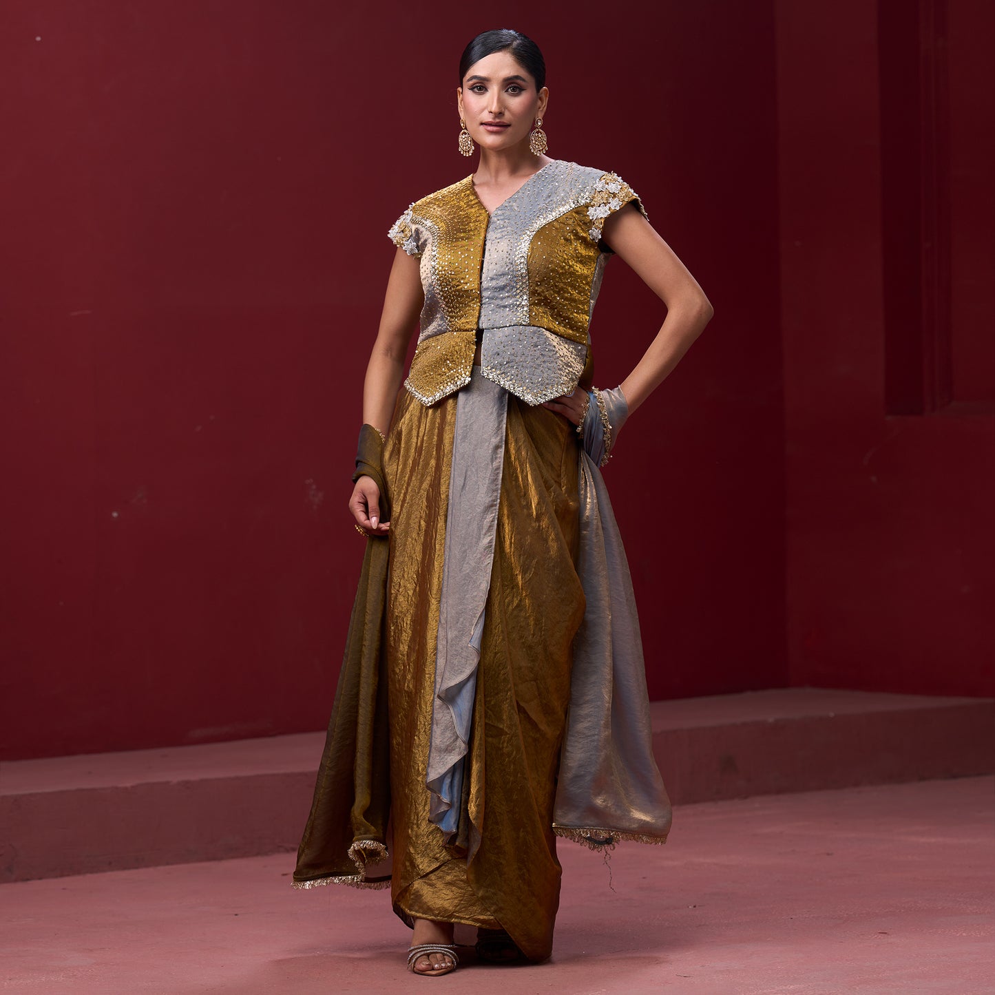 Embellished Golden & Silver Top with Flare Skirt