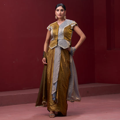 Embellished Golden & Silver Top with Flare Skirt