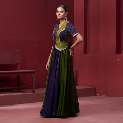 Embellished Purple & Green Top with Flare Skirt