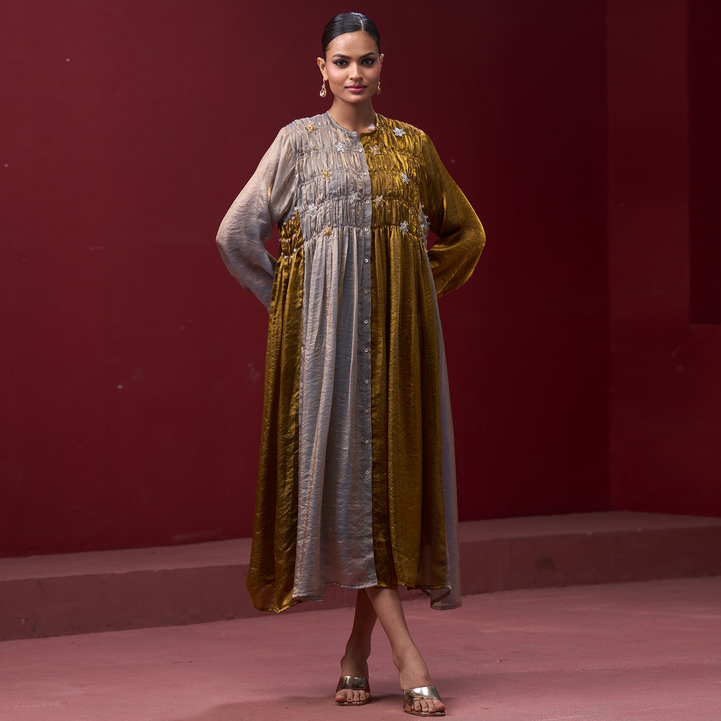 Flare embellished Golden & Silver kurta Dress