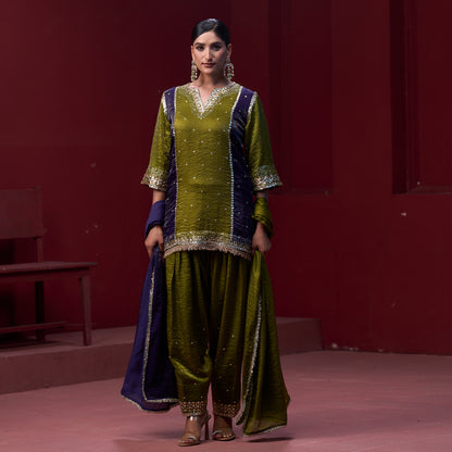 Farshi Purple & Green pant with Embellished kurta and Dupatta
