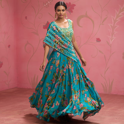 Bloom Story – Teal Floral Handcrafted Draped Lehenga Set