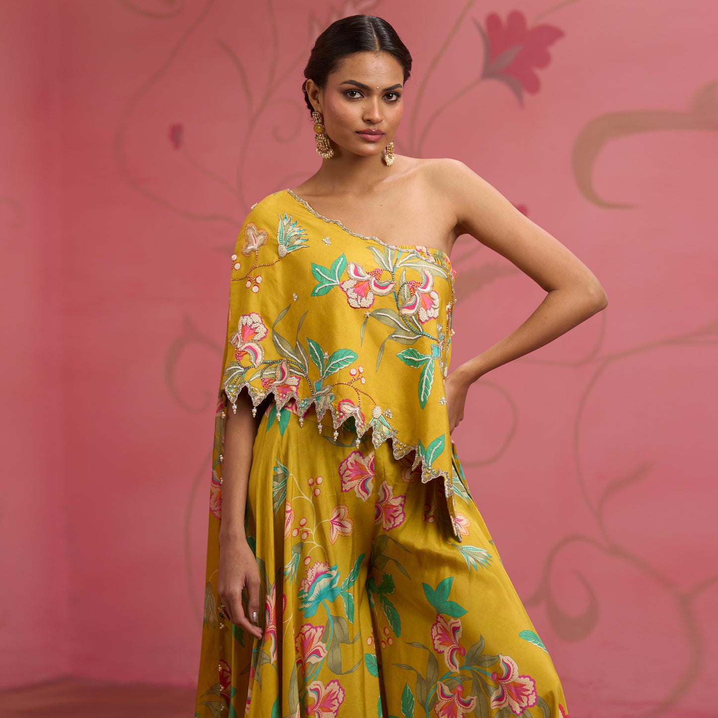 Bloom Story – Mustard One-Shoulder Hand-Embroidered Cape Top Set