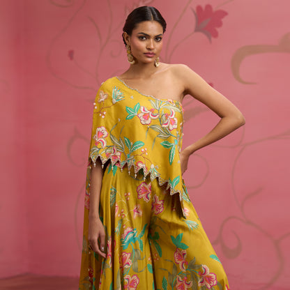 Bloom Story – Mustard One-Shoulder Hand-Embroidered Cape Top Set