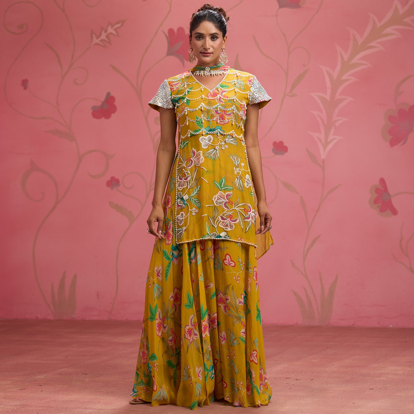 Bloom Story – Mustard Hand-Embroidered Layered Floral Dress