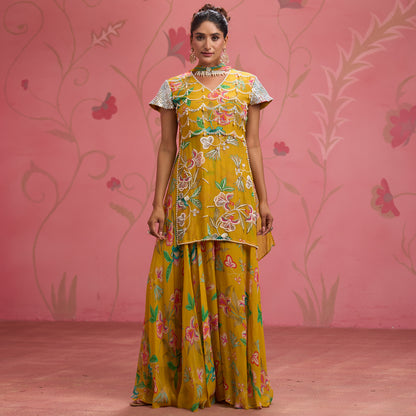 Bloom Story – Mustard Hand-Embroidered Layered Floral Dress