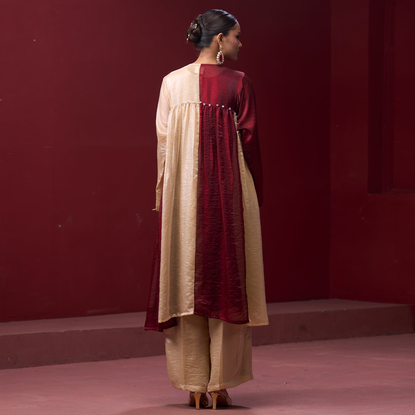 Flare Embellished Red & Cream Kurta Dress with Pant