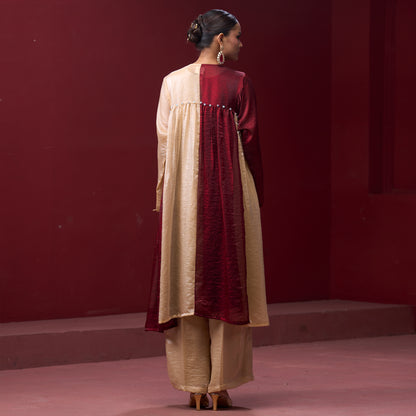 Flare Embellished Red & Cream Kurta Dress with Pant