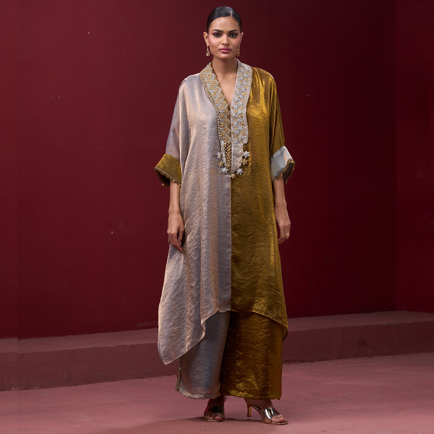 Embellished Golden & Silver Neck Kaftan Set