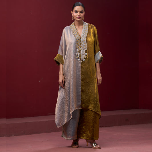 Embellished Golden & Silver Neck Kaftan Set