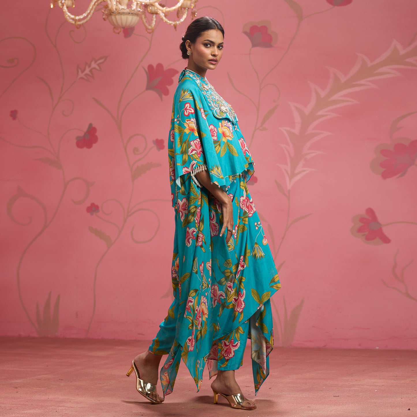 Bloom Story – Teal Garden Hand-Embroidered Cape Set