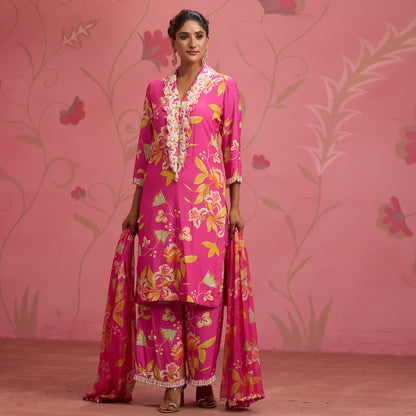 Bloom Story – Rose Pink Hand-Embroidered Fusion Kurta Set