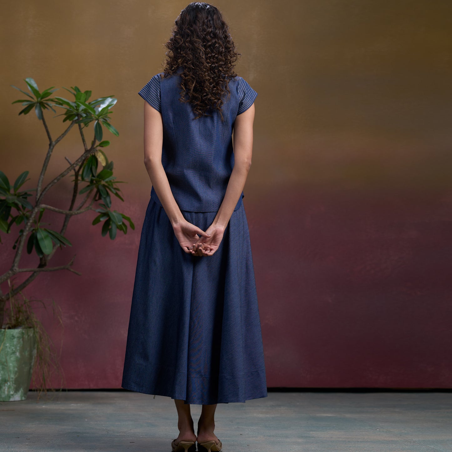 Indigo Petal Denim Waistcoat Top & Flare Skirt Set
