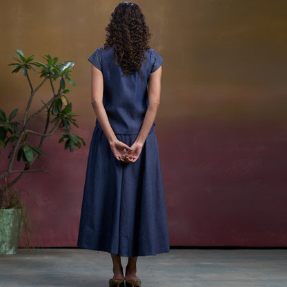 Indigo Petal Denim Waistcoat Top & Flare Skirt Set