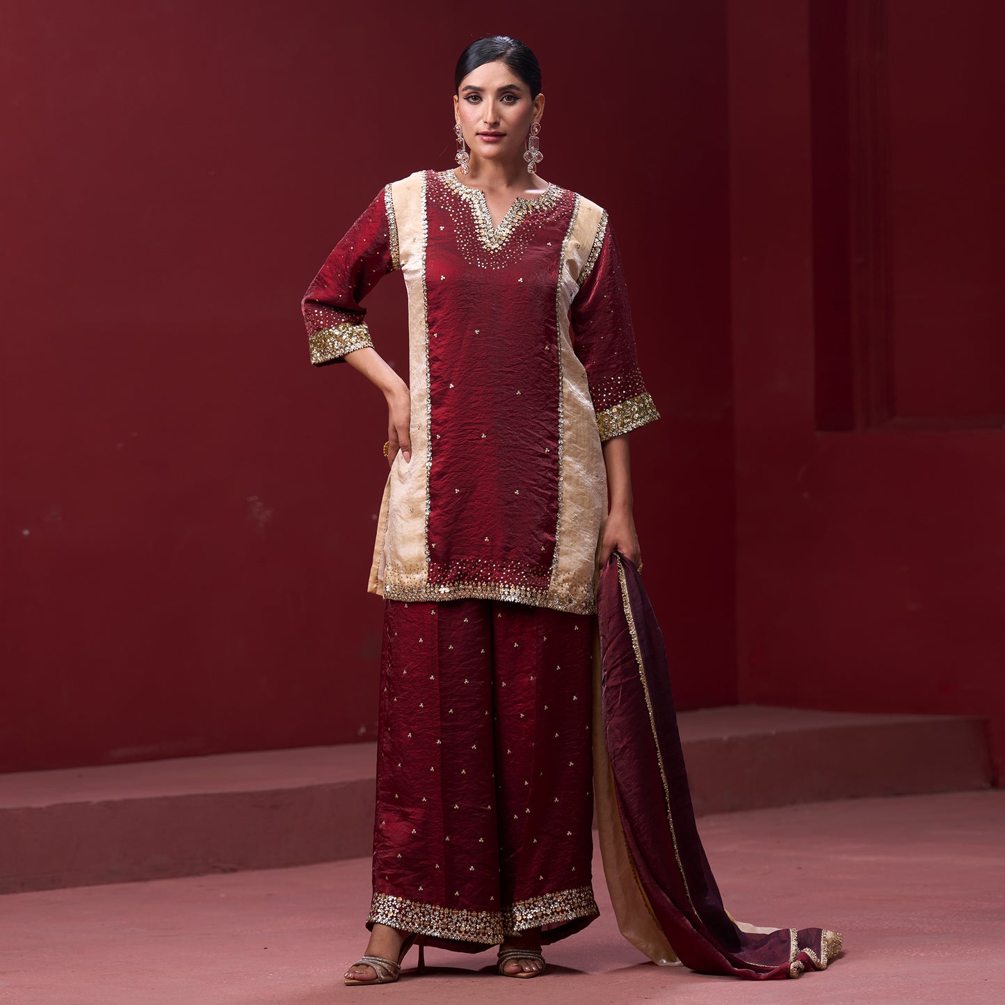 Farshi Red & Cream Pant with Embellished kurta and Dupatta