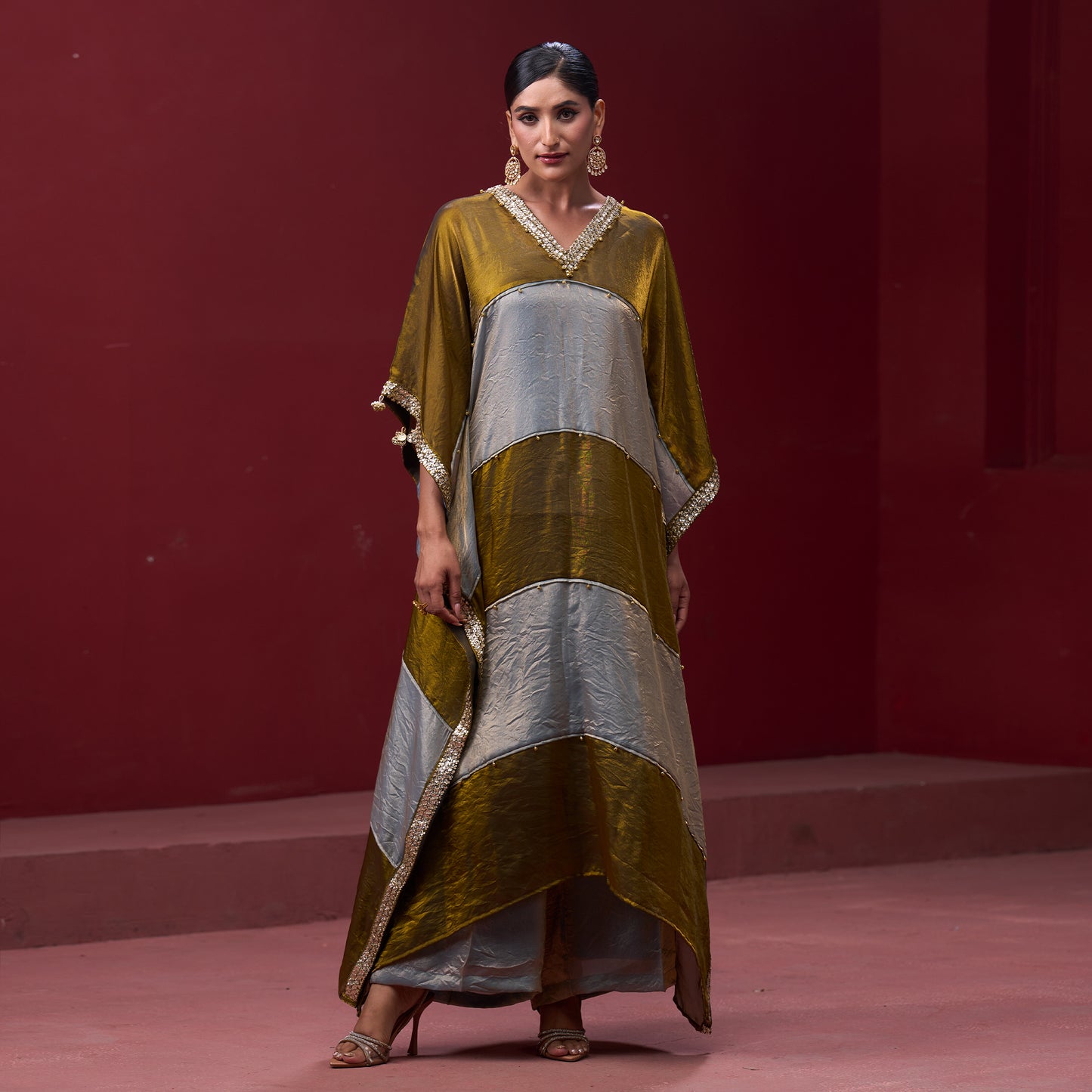 Embellished Golden & Silver Neck Kaftan Set