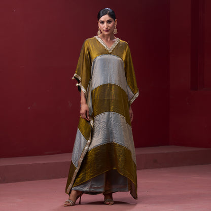 Embellished Golden & Silver Neck Kaftan Set