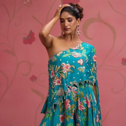 Bloom Story – Teal One-Shoulder Hand-Embroidered Cape Top Set
