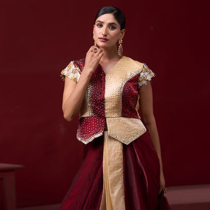 Embellished Red & Cream Top with Flare Skirt