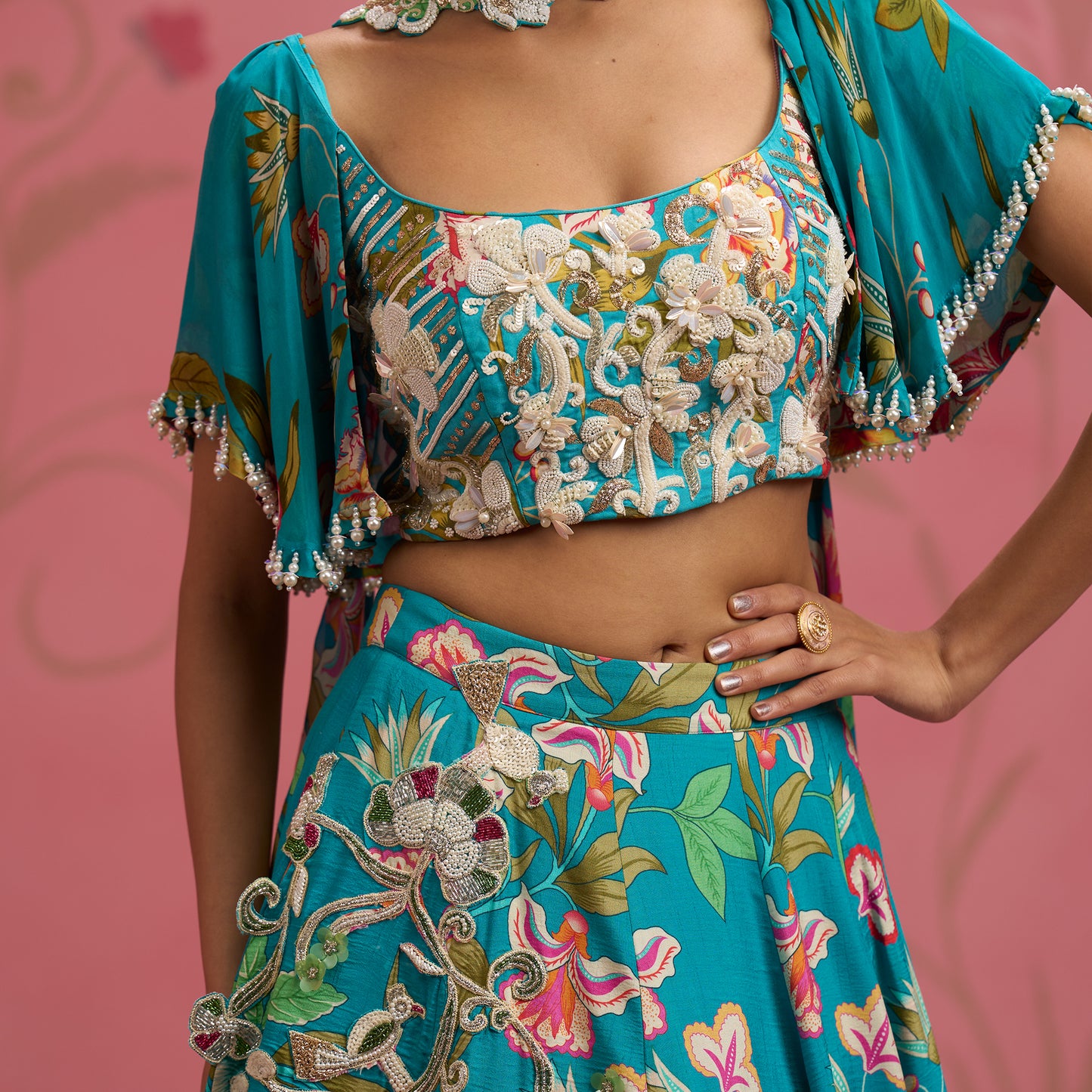 Bloom Story – Teal Blossom Hand-Embroidered Lehenga Set